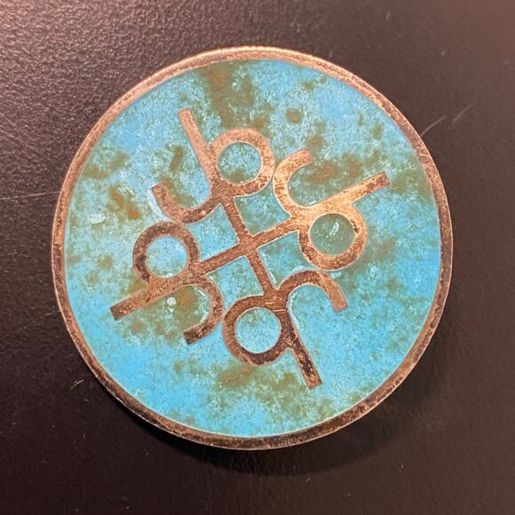Mid Century Sterling Brooch Turquoise Blue Green Enamel Inlaid Design Pin 1.5” - Picture 1 of 6